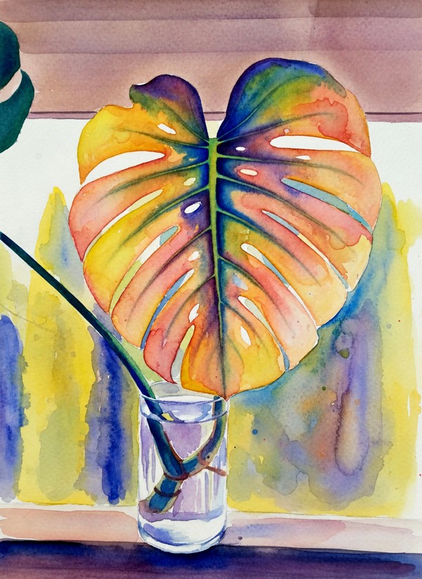 Sunset Monstera in golden yellow, coral and lavender watercolor
